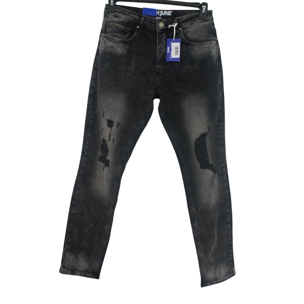 Sixth June Paris Mens Slim Fit Distressed Ripped Jeans Faded Black Size 32 NWT